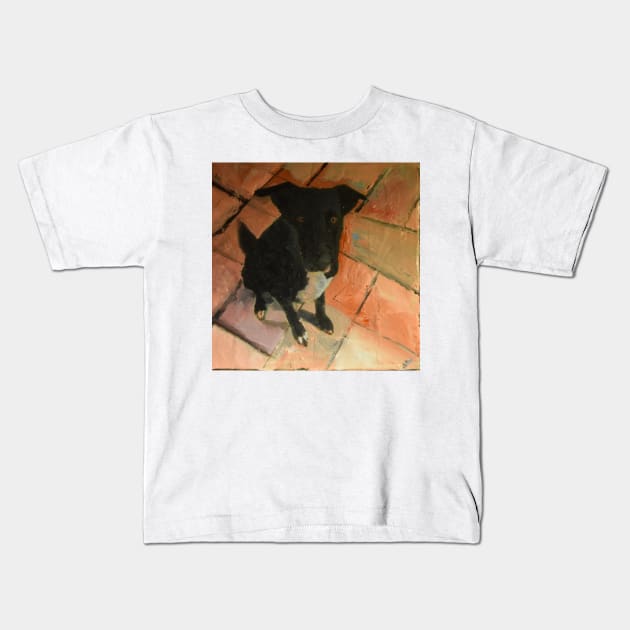 Black Dog On Tiled Floor Kids T-Shirt by golan22may